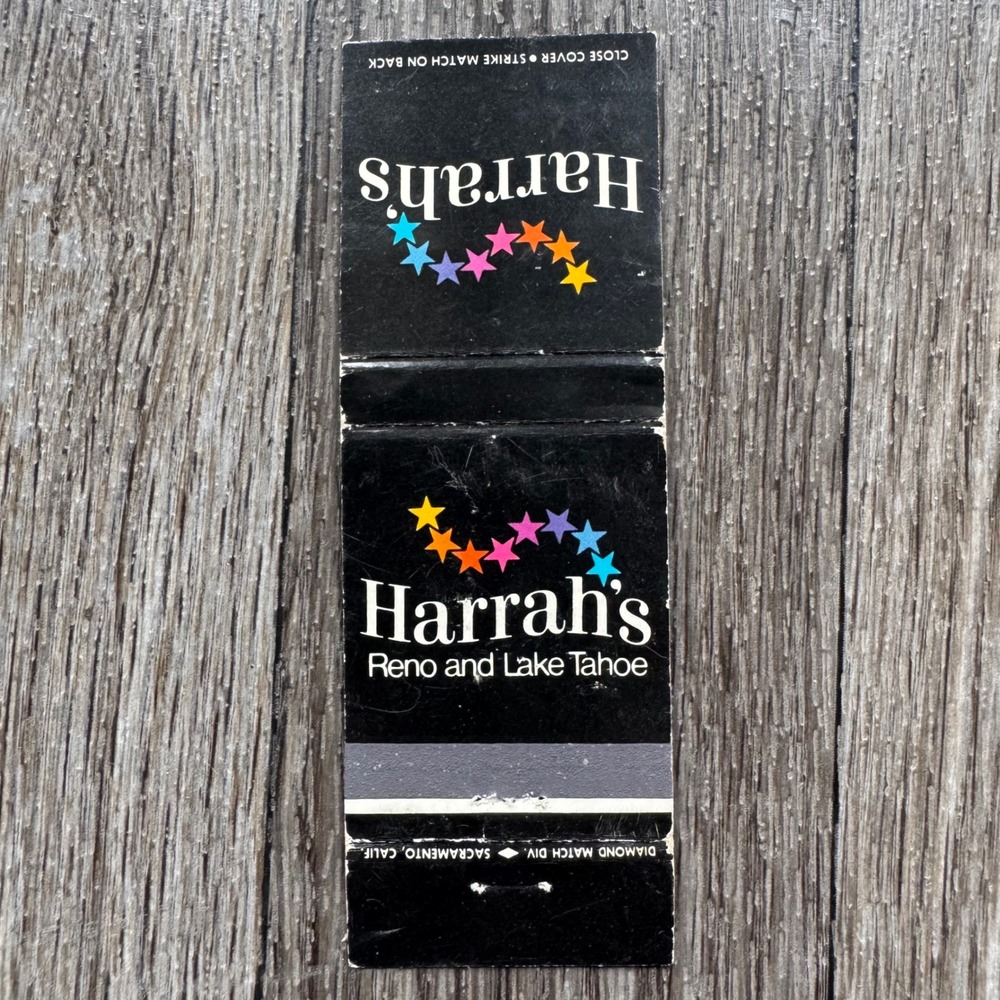 Harrahs Matchbook Cover Reno Lake Tahoe Black Vintage Rainbow Star Logo